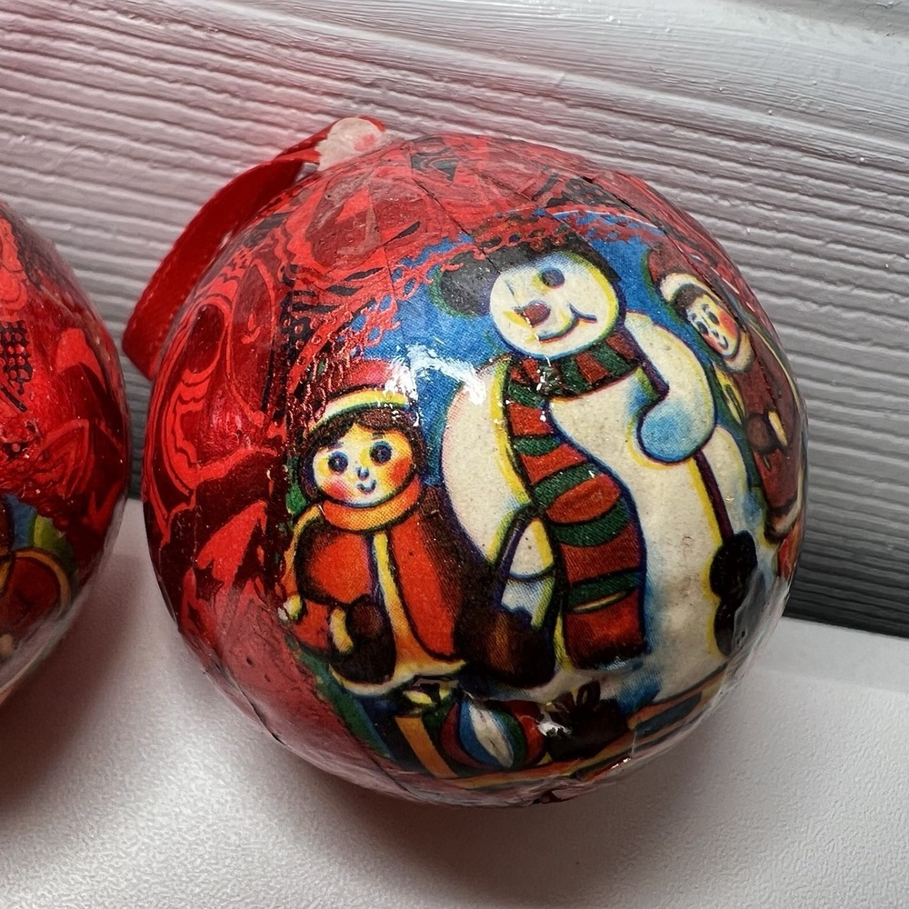 Set Of 5-Vintage Paper Mache Snowman And Children Ornament